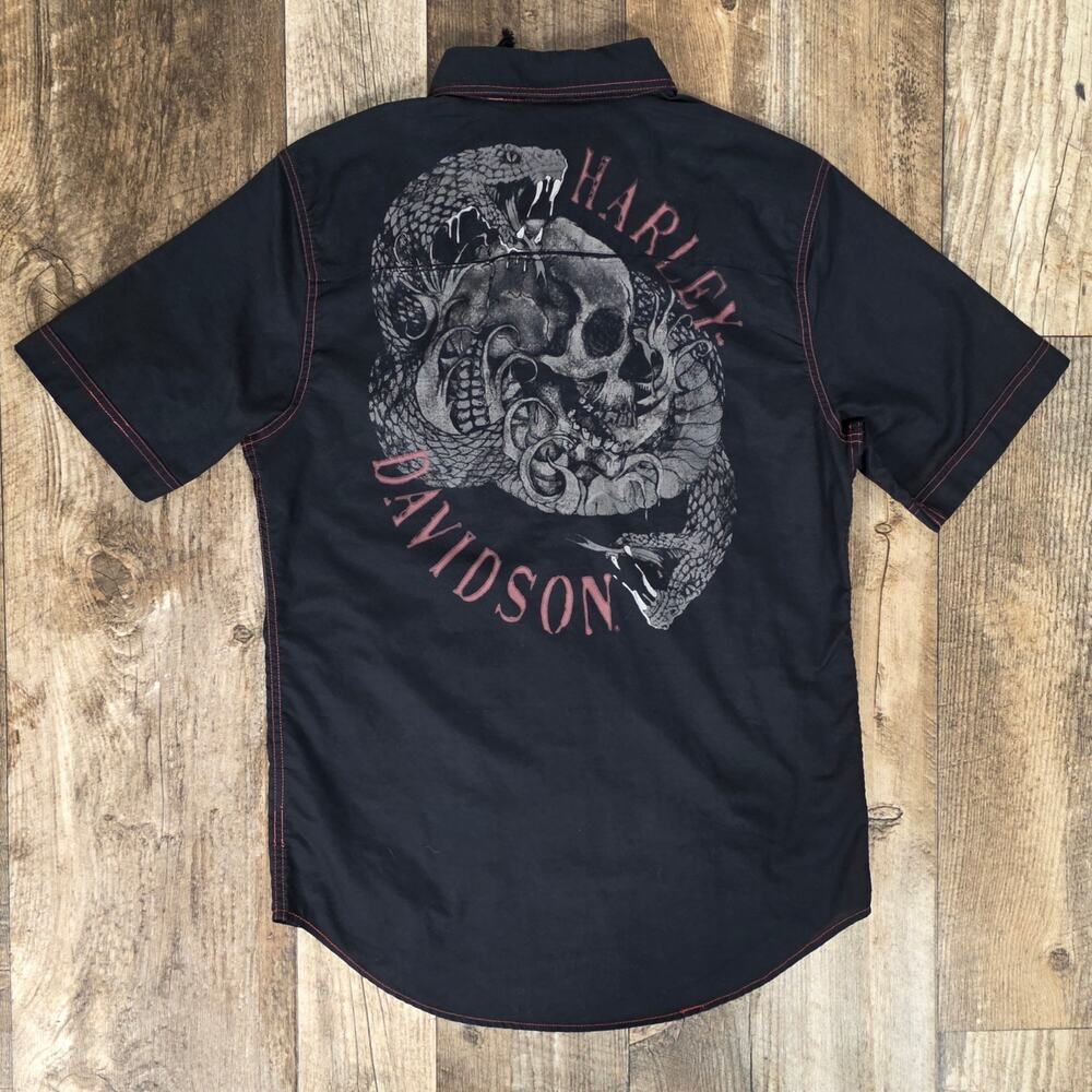Harley Davidson Skull Snake Button Up Shirt Black Red Stitch Men’s Medium Biker